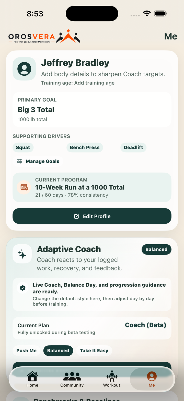 Me screen showing Adaptive Coach mode choices and current program context.
