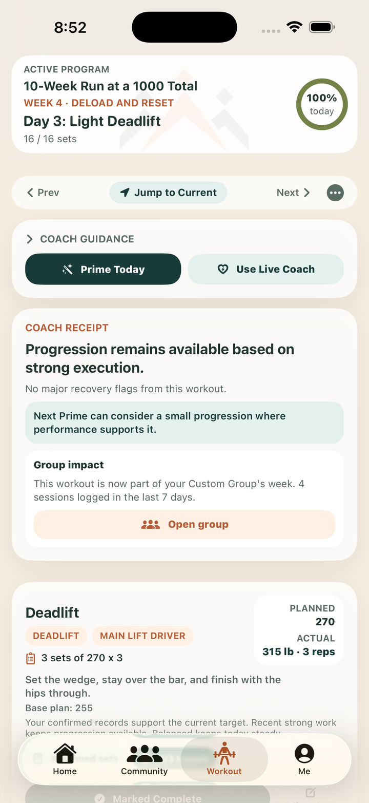Workout screen showing a completed session receipt and group impact.